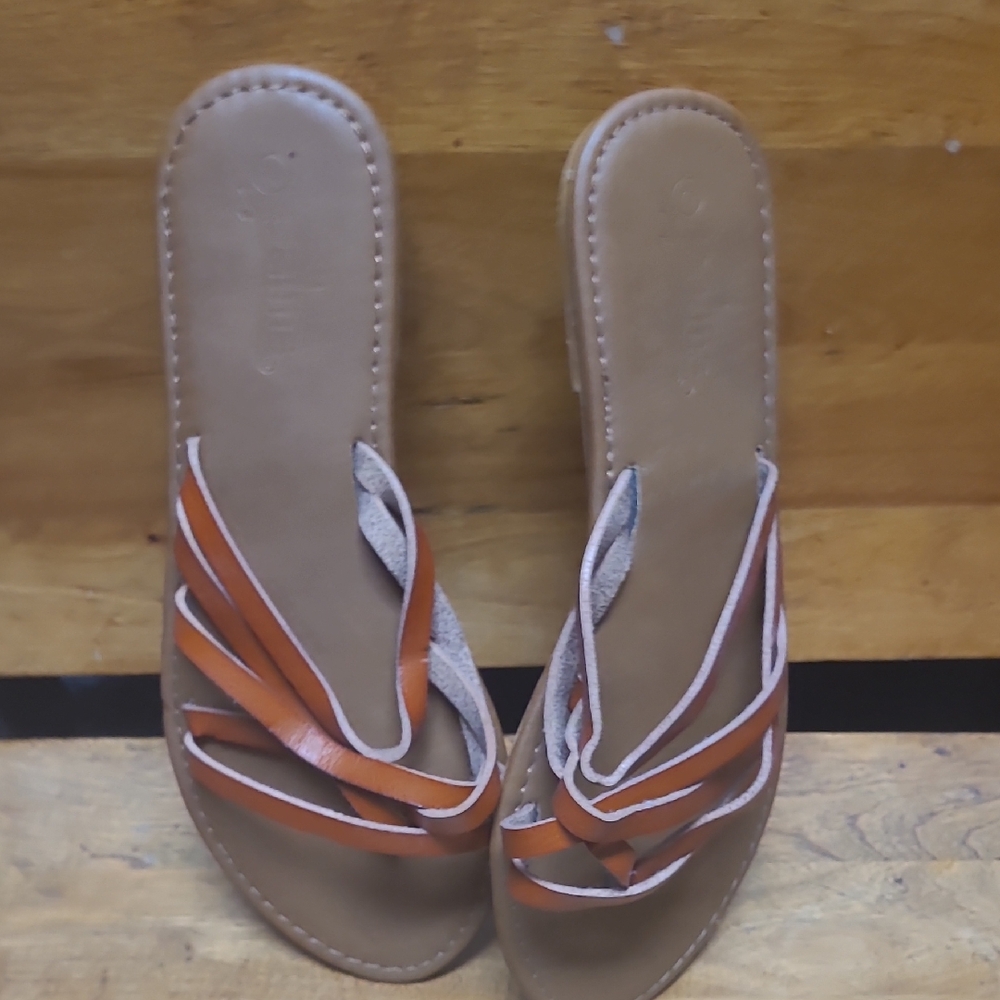 Tan and Orange Slip-On Sandals with Criss-Cross Straps